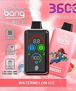 Promotional image for a Bang disposable vape device in Watermelon Ice flavor, showing two devices with digital displays and colorful graphics, highlighting features like 36,000 puffs, dual mesh, dual oil tank, fingerprint pressure regulation, 850mAh battery, and Type-C charging, with watermelon slice and ice cube accents in a pink background.
