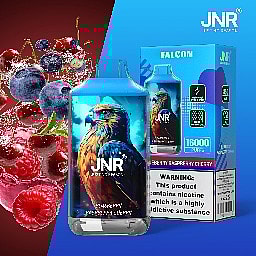 JNR Falcon vape product with mixed berries in the background, featuring an eagle illustration on the packaging and a nicotine warning label.