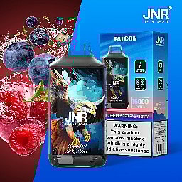 JNR Falcon disposable vape device and packaging featuring an eagle illustration, with blueberries and raspberries in the background and a nicotine warning label on the box.