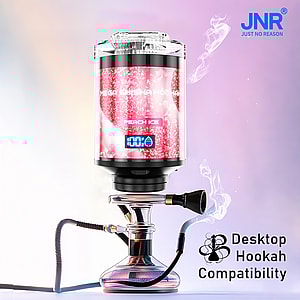 Modern desktop hookah with a digital display labeled 'Peach Ice' and the brand JNR, emitting vapor against a pastel gradient background, featuring text 'Desktop Hookah Compatibility.'