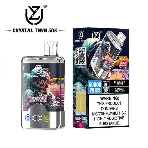 Crystal Twin 50K vape device and packaging featuring an astronaut graphic, advertising 50,000 puffs with double flavor (Blueberry on Ice and Summer Peach Ice), and a prominent nicotine addiction warning label.
