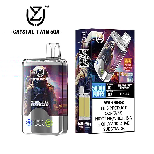 Crystal Twin 50K vaping device and packaging featuring an astronaut illustration, advertising 50,000 puffs with double flavors (strawberry banana and love 66), and a prominent nicotine addiction warning label.