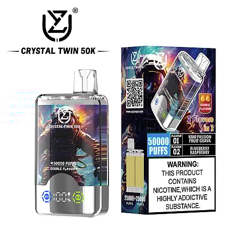 Crystal Twin 50K disposable vape device and packaging featuring an astronaut graphic, 50,000 puffs, double flavor options (kiwi passion fruit guava and blueberry raspberry), and a nicotine addiction warning label.