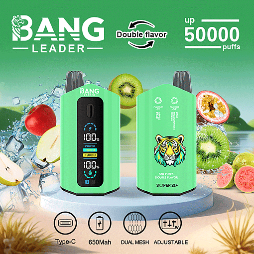 Promotional image for the Bang Leader vape device showing two green devices with LED displays, surrounded by splashing fruit like kiwifruit, apple, and guava, highlighting features such as double flavor, up to 50,000 puffs, USB Type-C charging, 650mAh battery, dual mesh coil, and adjustable settings.
