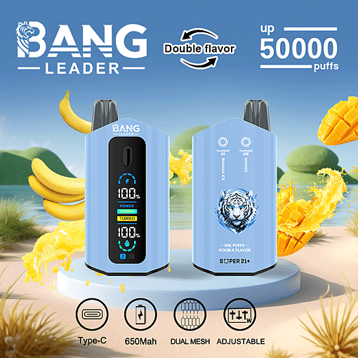 Promotional image for Bang Leader vape featuring two blue devices, a digital display, a tiger graphic, and information about double flavor, up to 50,000 puffs, Type-C charging, 650mAh battery, dual mesh coils, and adjustable settings, with banana and mango fruit graphics in the background.