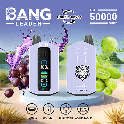 Promotional image for BANG LEADER vape device featuring two devices with digital displays, the text 'Double flavor,' 'up to 50,000 puffs,' and visual elements of purple and green grapes indicating grape flavors; icons highlight Type-C charging, 650mAh battery, dual mesh coils, and adjustable settings.