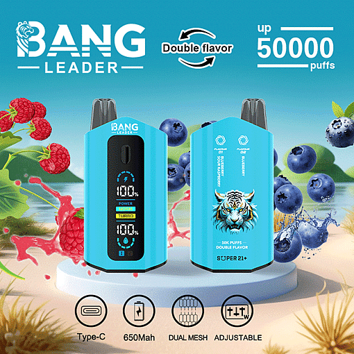 Promotional image of Bang Leader disposable vape device with blue body, digital display, and tiger logo, featuring double flavor (sour raspberry and blueberry), up to 50,000 puffs, USB Type-C charging, 650mAh battery, dual mesh coils, adjustable settings, and images of raspberries and blueberries in the background.