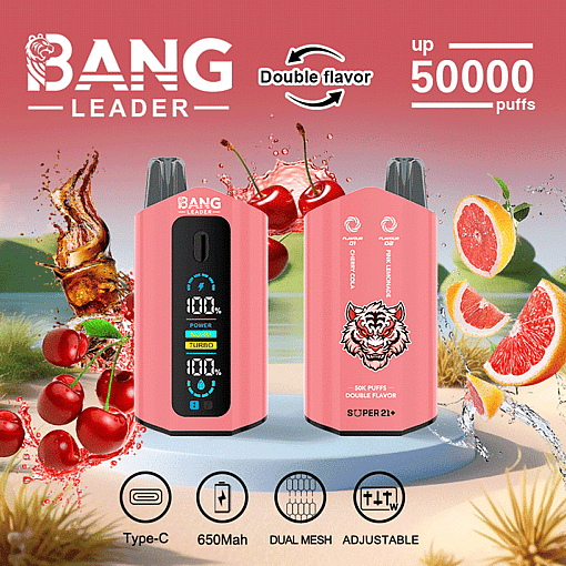 Promotional image for Bang Leader disposable vape showing two pink devices, digital screen features, a tiger logo, and highlighting double flavor options (cherry cola and pink lemonade), with icons for Type-C charging, 650mAh battery, dual mesh, and adjustable power.
