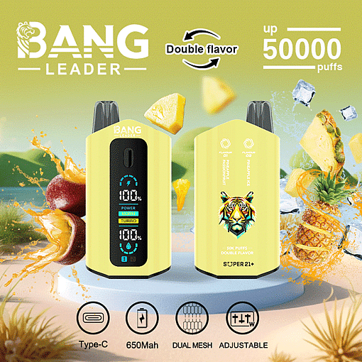 Bang Leader disposable vape devices featuring digital displays, surrounded by splashes of mango and pineapple with ice, highlighting double flavor, up to 50,000 puffs, Type-C charging, 650mAh battery, dual mesh, and adjustable settings.