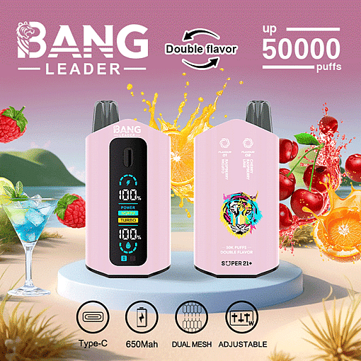 Promotional image for BANG Leader double flavor vape with up to 50,000 puffs, featuring two pink devices, fruit splashes, and icons for Type-C charging, 650mAh battery, dual mesh, and adjustable settings.