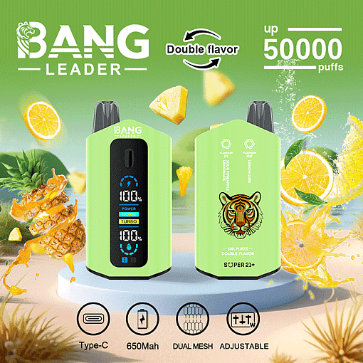 Bang Leader disposable vape device with a tiger logo, digital display, and features like dual flavor, 65,000mAh battery, dual mesh, adjustable settings, and tropical fruit imagery including pineapple and orange slices, promoting up to 50,000 puffs.