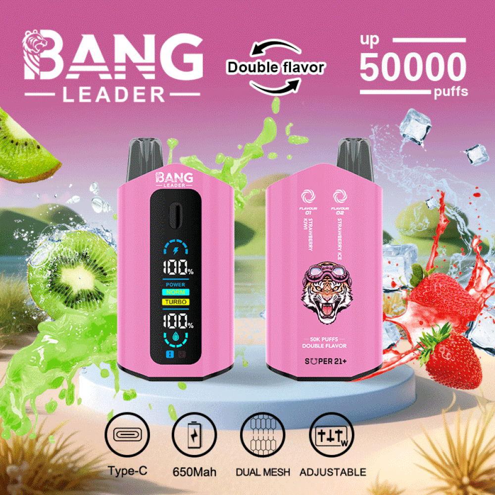 Promotional image for BANG LEADER disposable vape in pink, featuring two devices with digital displays, kiwi and strawberry flavor elements, highlighting dual flavor, up to 50,000 puffs, 650mAh battery, Type-C charging, dual mesh coils, and adjustable settings.