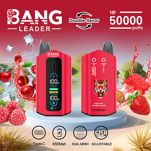 Promotional image for the Bang Leader disposable vape featuring two red vape devices with a digital display, surrounded by cherries, strawberries, raspberries, and ice cubes, highlighting double flavor, up to 50,000 puffs, USB Type-C charging, 650mAh battery, dual mesh coil, and adjustable settings.
