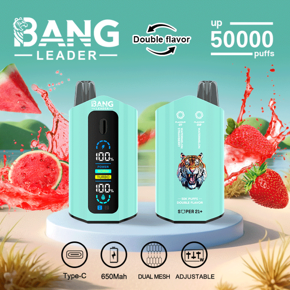 Promotional image for Bang Leader vape device featuring two mint green vapes with a digital display, tiger illustration, and icons indicating Type-C charging, 650mAh battery, dual mesh, and adjustable settings, with strawberry and watermelon slices in the background.