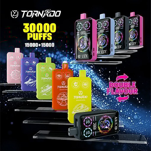 Promotional image for Tornado double-flavour vape devices, showcasing various colorful vape units offering 30,000 puffs each and featuring 'double flavour' capability.