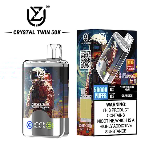 Crystal Twin 50K vape device and packaging featuring a graphic of an astronaut in a red suit, highlighting 50,000 puffs, double flavor (Strawberry Kiwi and Grape Ice), and a nicotine warning label.