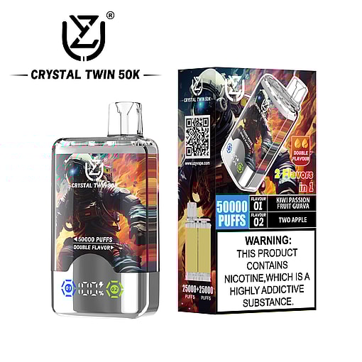 Crystal Twin 50K vape device and packaging featuring a sci-fi astronaut graphic, promoting 50,000 puffs, double flavor (kiwi passion fruit guava and two apple), with a large warning label about nicotine addiction.
