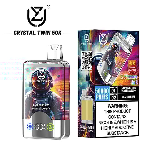 Crystal Twin 50K disposable vape with colorful astronaut artwork, featuring two flavors—strawberry watermelon and lemon lime—with 50,000 puffs indicated and a nicotine addiction warning label on the packaging.