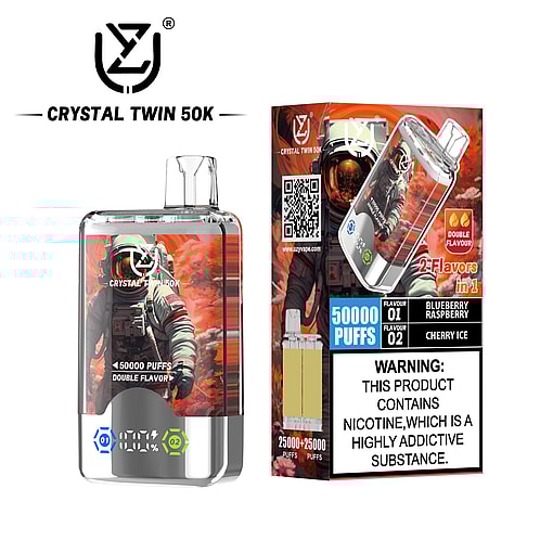 Crystal Twin 50K vape device and packaging featuring an astronaut illustration, with text highlighting 50,000 puffs, two flavors (blueberry raspberry and cherry ice), and a nicotine warning label.