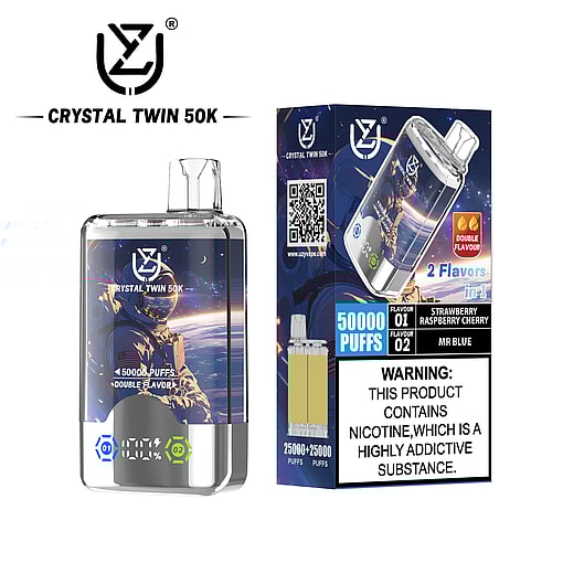 CRYSTAL TWIN 50K disposable vape device and packaging featuring an astronaut design, promoting 50,000 puffs, double flavor (strawberry raspberry cherry and Mr Blue), and a nicotine addiction warning.