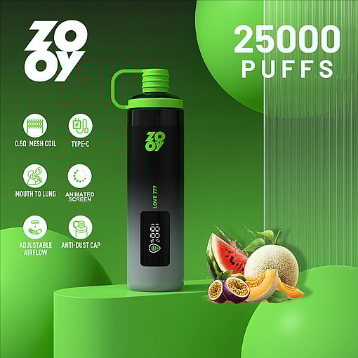 Promotional image of a black and green ZOOY vape device featuring '25000 puffs' text, icons listing features like mesh coil, type-C charging, adjustable airflow, and anti-dust cap, with assorted fruits (watermelon, melon, passion fruit) on a green background.
