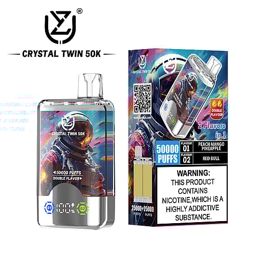 Crystal Twin 50K disposable vape packaging and device featuring a colorful astronaut design, branding, flavor descriptions (peach mango pineapple and red bull), 50,000 puffs double flavor label, and a nicotine addiction warning.