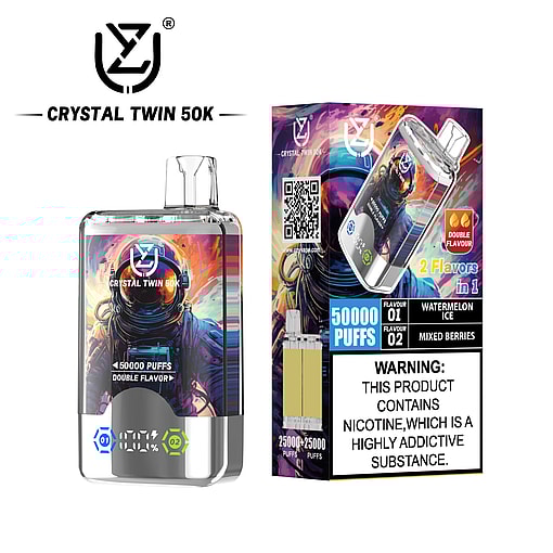 Crystal Twin 50K vape device and packaging featuring a colorful astronaut illustration, prominent branding, flavor details (watermelon ice and mixed berries), and a nicotine addiction warning.