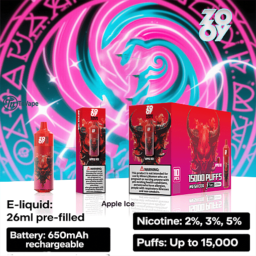 Promotional image for Zooy Apple Ice vape featuring a red device, packaging with a stylized bull graphic, and product details including 26ml pre-filled e-liquid, 650mAh rechargeable battery, up to 15,000 puffs, and nicotine options of 2%, 3%, and 5%, set against a vibrant pink and teal abstract background.