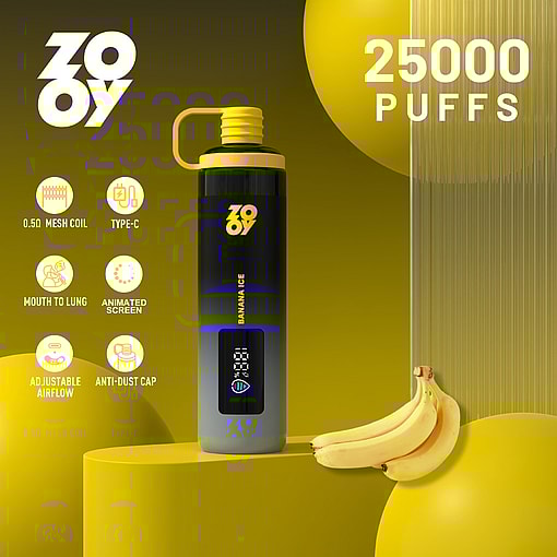 Promotional image for ZOOY Banana Ice vape displaying the device with a digital screen, surrounded by bananas and yellow spheres, and highlighting features like 25,000 puffs, mesh coil, Type-C charging, animated screen, anti-dust cap, adjustable airflow, and mouth-to-lung capability.
