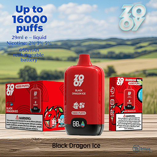 Red Zooy Black Dragon Ice vape device and packaging with product details such as up to 16,000 puffs, 29ml e-liquid, various nicotine strengths, and a 650mAh rechargeable battery, displayed outdoors on a wooden surface with a grassy landscape in the background.