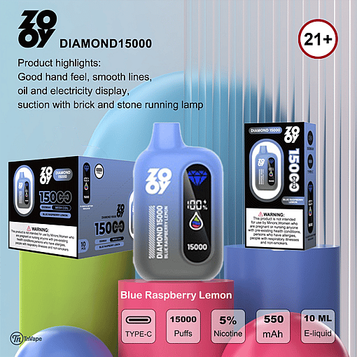 Promotional image for ZOOY Diamond15000 disposable vape in Blue Raspberry Lemon flavor, showing the device and packaging with product features like 15000 puffs, 5% nicotine, 550mAh battery, oil and power display, Type-C charging, and a warning for users 21 and older.