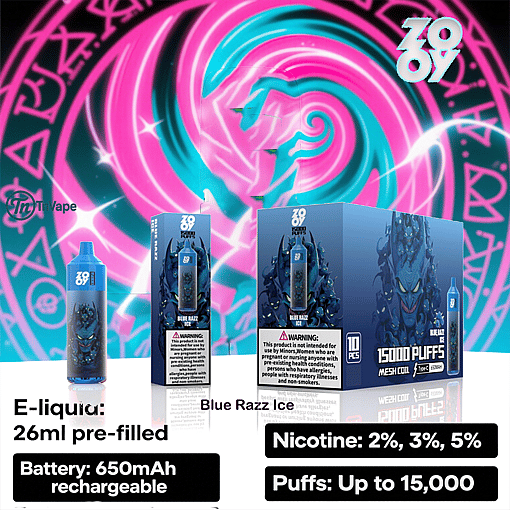 Promotional image for Zovoo Blue Razz Ice disposable vape, featuring a blue and black device, product box, and pack, with a neon blue and pink vortex background; highlights include 26ml pre-filled e-liquid, 650mAh rechargeable battery, nicotine levels of 2%, 3%, 5%, and up to 15,000 puffs.