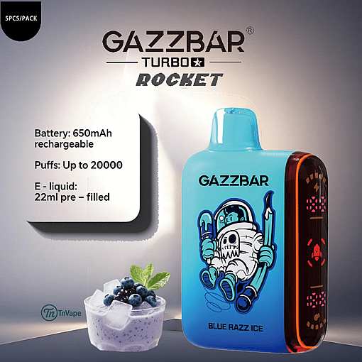 Gazzbar Turbo Rocket Blue Razz Ice disposable vape device with astronaut cartoon design, vaping specifications, and a cup of blueberry yogurt dessert shown beside it.