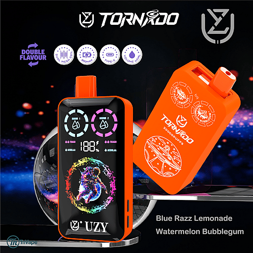 Promotional image for the Tornado UZY vape device featuring a digital display with colorful graphics, an astronaut illustration, orange casing, and flavors labeled as Blue Razz Lemonade and Watermelon Bubblegum.