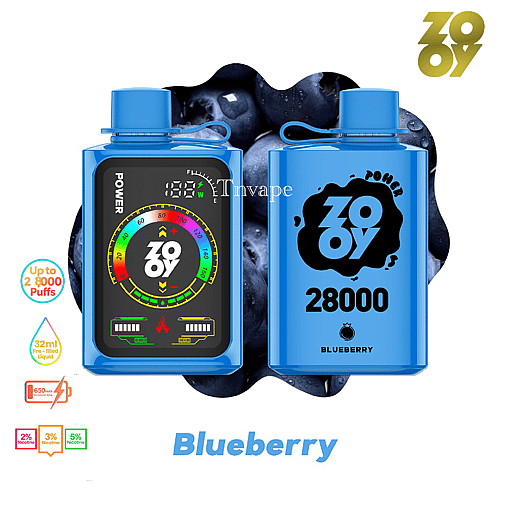 Two blue ZOOY blueberry flavored disposable vape devices with digital display, set against a background of blueberries, with text highlighting 28,000 puffs, 32ml pre-filled liquid, and multiple nicotine strengths.