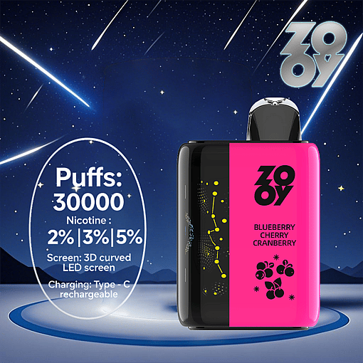 Promotional image for a Zooy disposable vape featuring a pink and black device labeled 'Blueberry Cherry Cranberry' with 30,000 puffs, nicotine strengths of 2%, 3%, or 5%, a 3D curved LED screen, and Type-C charging, set against a starry night sky with shooting stars.