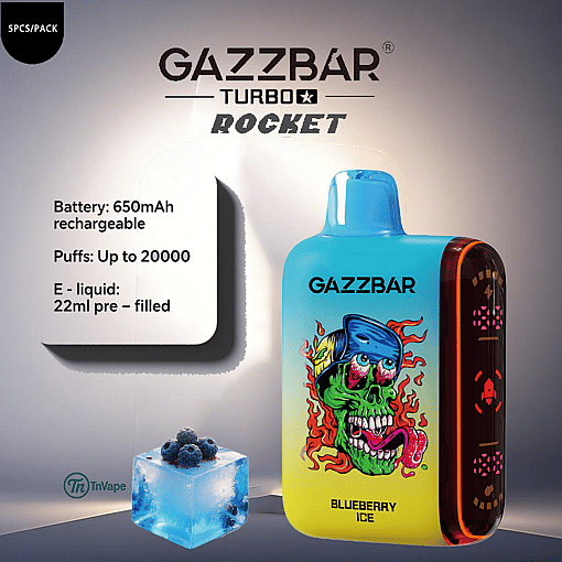 Promotional image of a GAZZBAR Turbo Rocket vape in Blueberry Ice flavor, featuring a colorful cartoon skull on the device and product details highlighting 650mAh battery, up to 20,000 puffs, and 22ml pre-filled e-liquid; an ice cube with blueberries appears in the foreground.