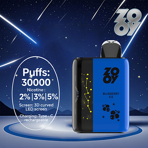 Promotional image of a ZOOY Blueberry Ice vape device with a 3D curved LED screen, featuring product details including 30,000 puffs, nicotine options of 2%, 3%, or 5%, and Type-C rechargeable charging, set against a night sky with shooting stars.