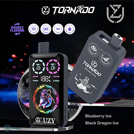 Two electronic vape devices branded Tornado UZY on a futuristic background, featuring digital screens, flavor selection icons, and labeled with flavors Blueberry Ice and Black Dragon Ice.