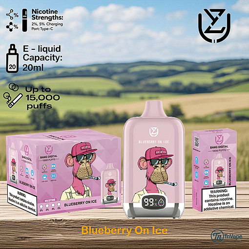 Bang Digital Blueberry On Ice disposable vape device and packaging featuring a cartoon monkey in a pink cap and sunglasses, with product strengths, 20ml e-liquid capacity, up to 15,000 puffs, and a nicotine warning, set against a blurred countryside background.