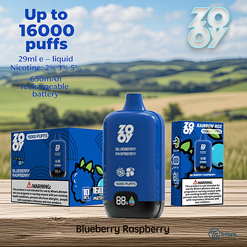 Blueberry Raspberry vape device and packaging displayed on a wooden surface, set against a scenic countryside background, highlighting features like 16,000 puffs, 29ml e-liquid, multiple nicotine strengths, and a 650mAh rechargeable battery.