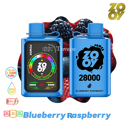 Two blue ZOOY vape devices in front of a background of blueberries and raspberries, with product attributes like 28,000 puffs, 32ml pre-filled liquid, and various nicotine strengths highlighted, and the flavor labeled as Blueberry Raspberry.