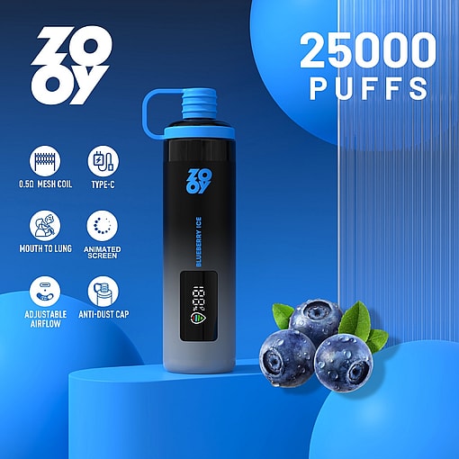Promotional image for ZOOY Blueberry Ice vape device advertising 25,000 puffs, featuring the product surrounded by blueberries and icons highlighting features like a 0.5Ω mesh coil, type-C charging, mouth-to-lung draw, animated screen, adjustable airflow, and anti-dust cap.