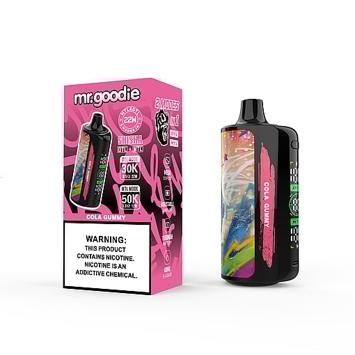 Mr. Goodie Cola Gummy disposable vape device and packaging with graffiti-style artwork, pink accents, and nicotine warning label.