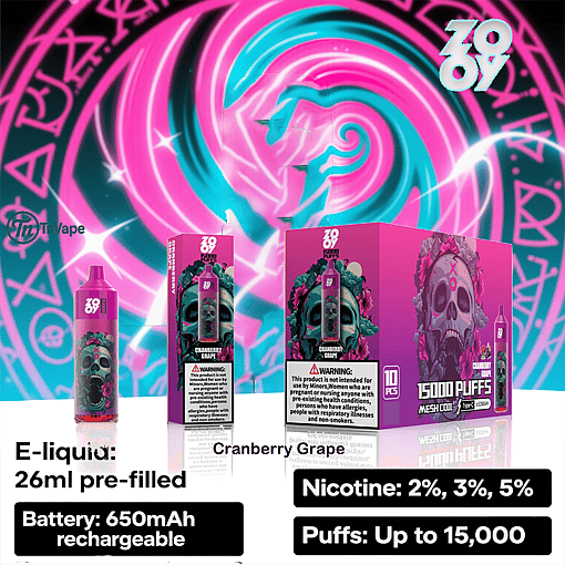 Promotional image for ZOOY disposable vape in Cranberry Grape flavor, showing the vape device, individual packaging, and a box of 10 with a colorful skull design against a neon pink and teal background; key details highlighted include 26ml pre-filled e-liquid, up to 15,000 puffs, 650mAh rechargeable battery, and nicotine options of 2%, 3%, or 5%.