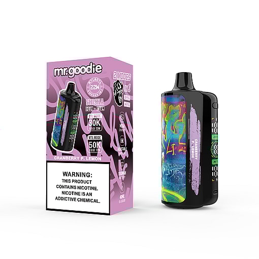 Mr. Goodie Cranberry P. Lemon disposable vape device and its purple packaging featuring colorful graffiti-style artwork, product details, and a nicotine warning label.