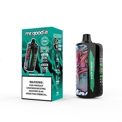 Mr. Goodie Double Apple vape packaging and device featuring teal and graffiti-themed artwork, with product features and nicotine warning displayed on the box.