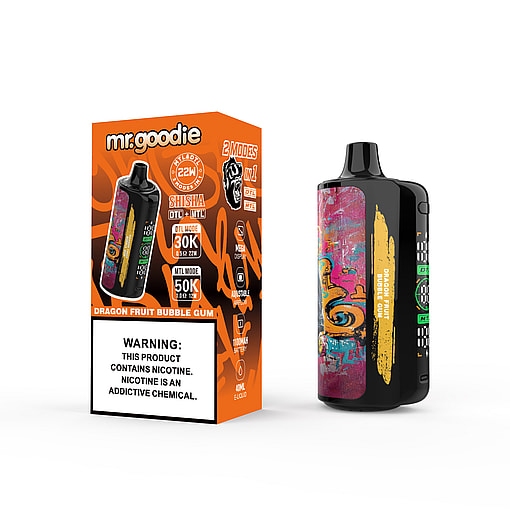 Mr. Goodie branded e-cigarette device and packaging labeled Dragon Fruit Bubble Gum, featuring colorful abstract artwork and clearly displaying health warning about nicotine addiction.