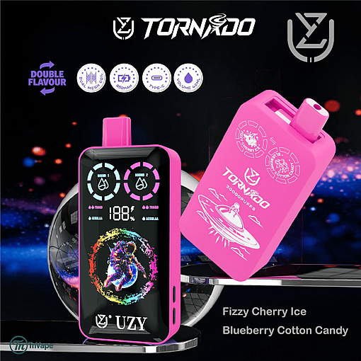 Promotional image for the Tornado UZY vape device in pink, featuring a digital display with astronaut graphic, dual flavor system, and labeled flavors Fizzy Cherry Ice and Blueberry Cotton Candy.