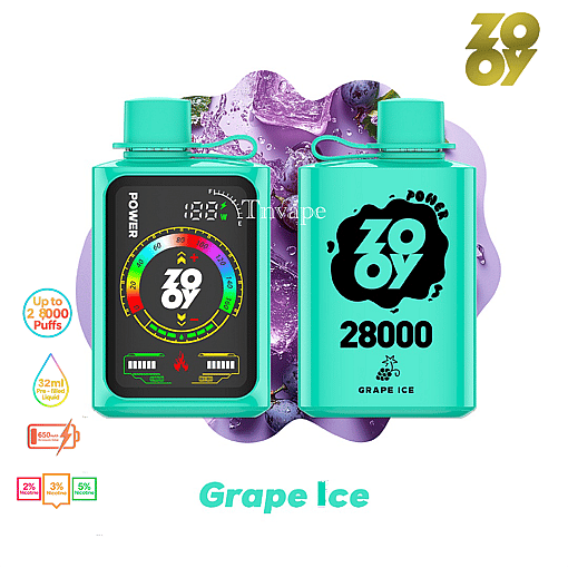 Two turquoise ZOOY branded disposable vape devices labeled 'Grape Ice' with graphic dials and 28,000 puff capacity, shown with icy grape imagery and product features like 32ml liquid and various nicotine strengths.